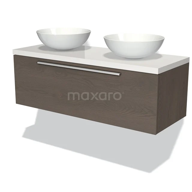 Modulo Plato Vanity units for countertop basin | 120 cm Dark brown oak Flat front High-gloss white worktop 1 drawer BMK11-01563 Wall-hung bathroom unit wood-look with double white countertop wash basins, sleek design with metal Handle, modern and functional.