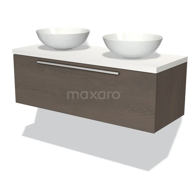 Wooden bathroom unit with double white countertop wash basins, wall-mounted, modern look with stainless steel handle.