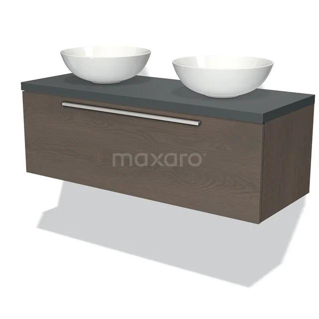 Modulo Plato Vanity units for countertop basin | 120 cm Dark brown oak Flat front Dark grey worktop 1 drawer BMK11-01567 Wooden bathroom unit with stylish grey vanity units with basin and double white basins, modern design for any bathroom.