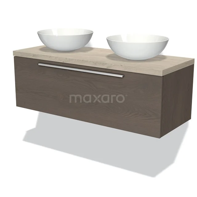 Modulo Plato Vanity units for countertop basin | 120 cm Dark brown oak Flat front Light grey oak worktop 1 drawer BMK11-01573 Wooden bathroom unit with floating design and two white countertop wash basins, ideal for a modern bathroom style.