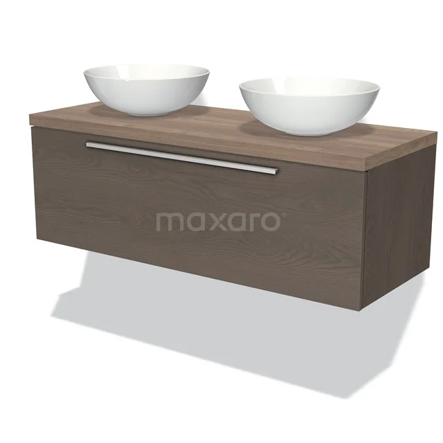 Wooden bathroom unit with double white vanity units for countertop wash basins, hanging design, sleek metal handle, ideal for modern bathrooms.