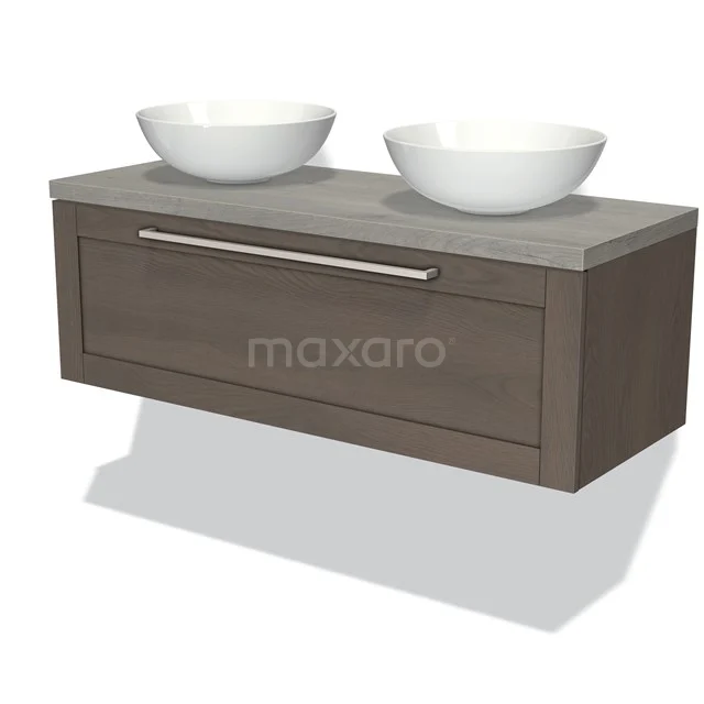 Wooden bathroom unit with two white countertop wash basins, grey top and sleek design, ideal for modern bathrooms.
