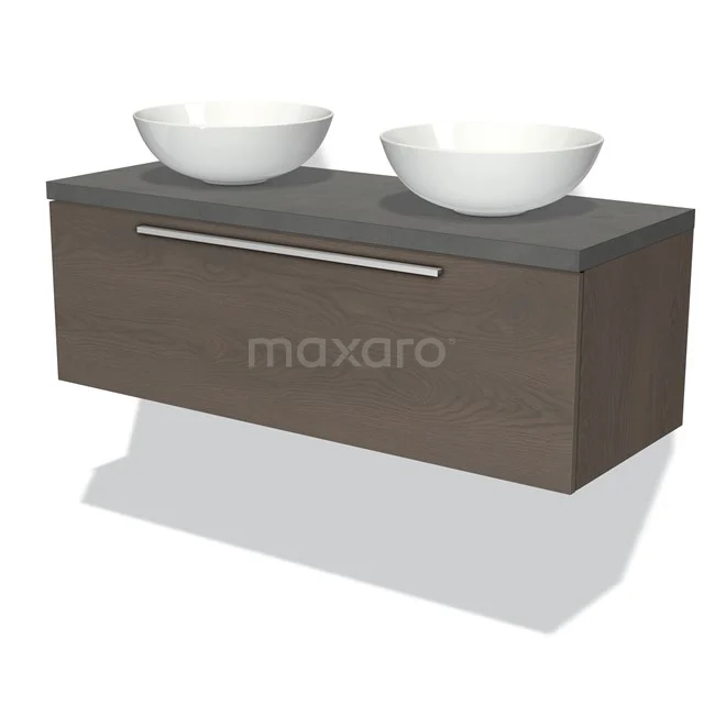 Brown floating bathroom unit with grey basin worktop and two white bowls; modern design for stylish bathrooms.