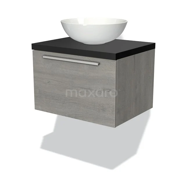 Graues hängendes Badmöbel mit schwarzer Oberseite und runder weißer Aufsatzwaschbecken, modernes Design mit Holzoptik.