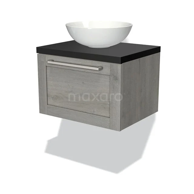 Grey wooden Bathroom unit with black top and modern vanity units with basin; stylish and compact for a contemporary bathroom.