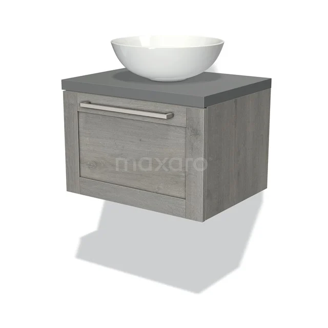 Grey oak bathroom unit with ceramic basin, wall-mounted design and modern front with metal handle.