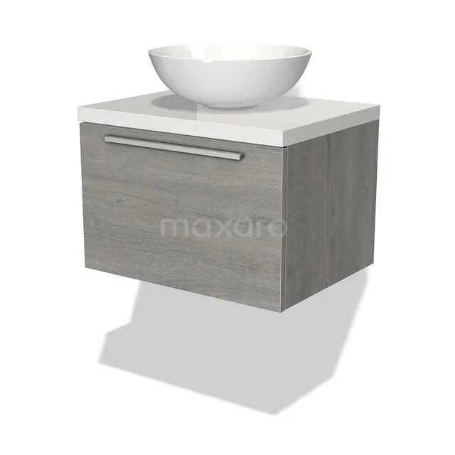 Badmöbel für Waschtischunterschrank mit Konsole 60cm Modulo Plato Graue Eiche 1 Schublade Flach Hochglanz Weiß Platte BMK11-01589 Holz-Badmöbel mit graue Eiche-Furnier, weißem Aufsatzwaschbecken und Schublade mit metallischem Haltegriff.