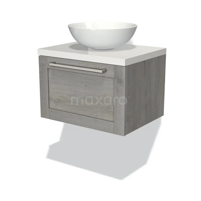 Grey wooden bathroom unit with white basin, compact design for modern bathroom style.