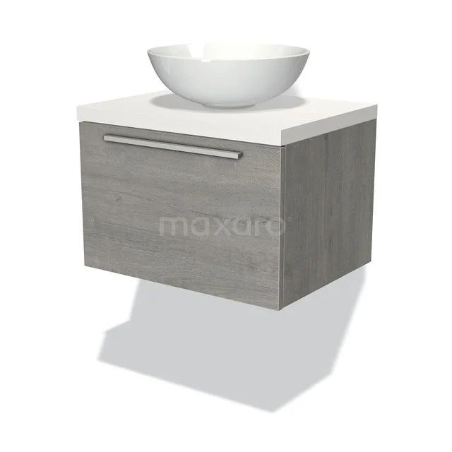 Badmöbel für Waschtischunterschrank mit Konsole 60cm Modulo Plato Graue Eiche 1 Schubladen Flach Matt Weiß Platte BMK11-01591 Graue hängende Badmöbelset mit Holzoptik, weißem Waschbecken und silberfarbigem Haltegriff, ideal für moderne Bäder.