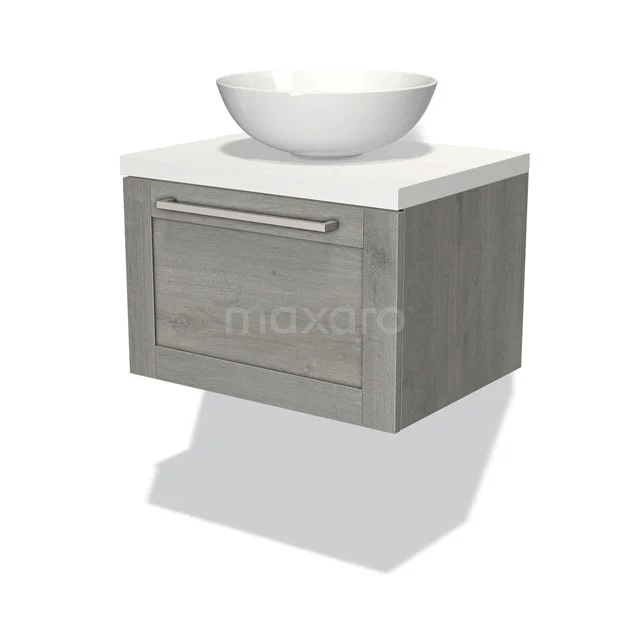 Badmöbel für Waschtischunterschrank mit Konsole 60cm Modulo Plato Graue Eiche 1 Schubladenrahmen Matt Weiß Platte BMK11-01592 Hölzernes Waschtisch Grau mit weißem keramischen Waschbecken, kompaktes Design ideal für moderne Badezimmergestaltung.