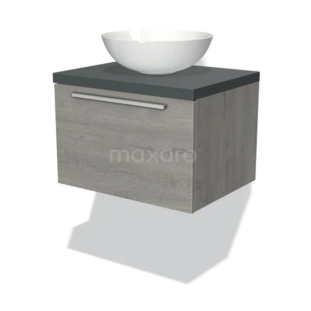 Badmöbel für Waschtischunterschrank mit Konsole 60cm Modulo Plato Graue Eiche 1 Schublade Flach Dunkelgrau Platte BMK11-01593 Graues Holz-Badmöbel mit matt schwarzer Platte und weißem schalenförmigen Waschbecken, modernes Design für stilvolle Bäder.