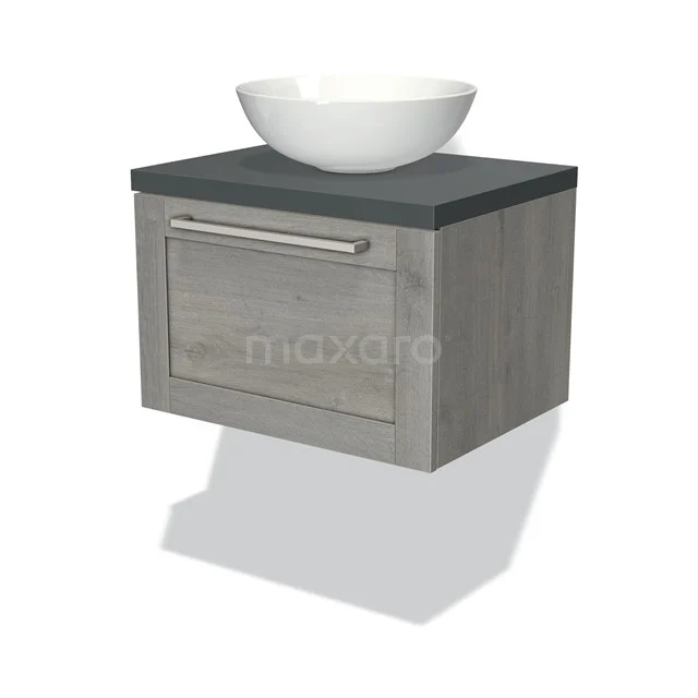 Grey wooden bathroom unit with black worktop and white countertop wash basin, modern floating design. Perfect for compact bathrooms.