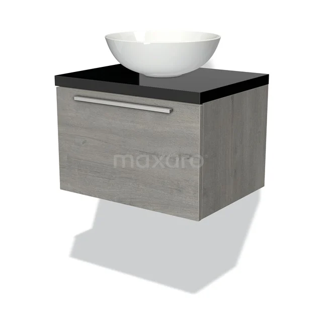 Modulo Plato Badmöbel mit Aufsatzwaschbecken | 60 cm Graue Eiche Flach front Hochglanz Schwarz blatt 1 Schublade BMK11-01595 Graues Holz-Badmöbel mit schwarzer Oberplatte und weißem Aufsatzwaschbecken, modernes Design für stilvolle Badezimmergestaltung.