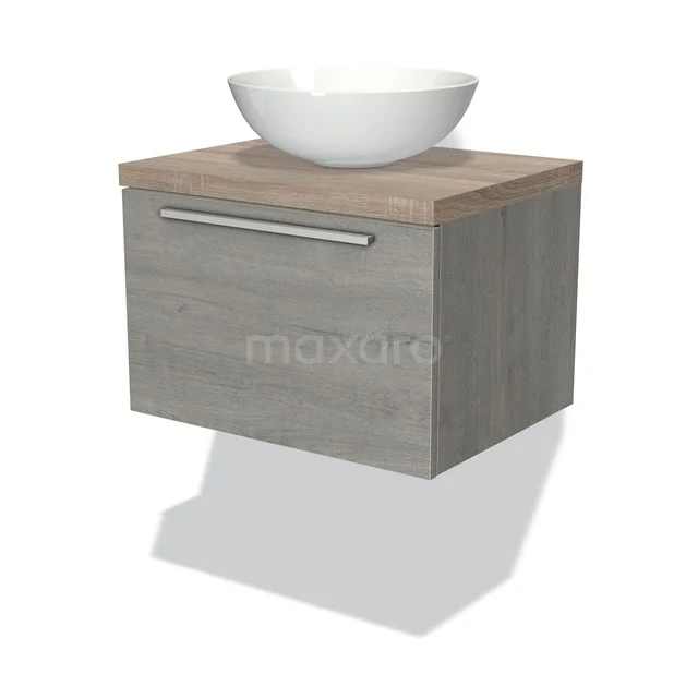 Badmöbel für Waschtischunterschrank mit Konsole 60cm Modulo Plato Graue Eiche 1 Schublade Flache Eiche Platte BMK11-01597 Graues Holz Badezimmermöbel mit hängendem Waschbecken, modernes Design, inklusive Schublade und heller Holzoberfläche.