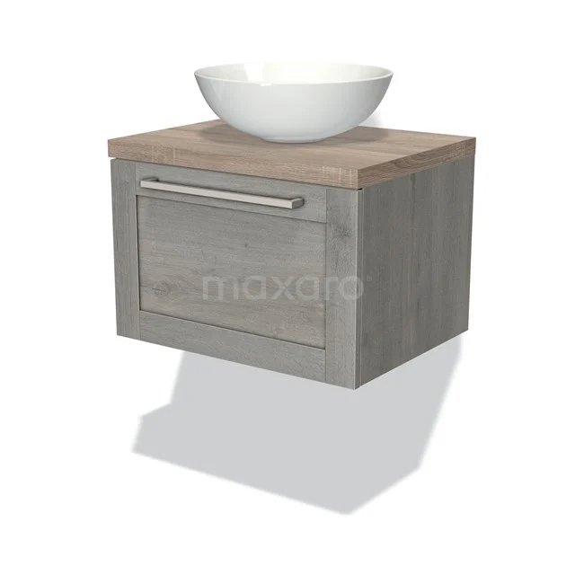 Graues Holz-Badmöbel mit Waschbecken, Wandmodell, modernes Design, Eiche-Look Platte für stilvolle Badezimmergestaltung.