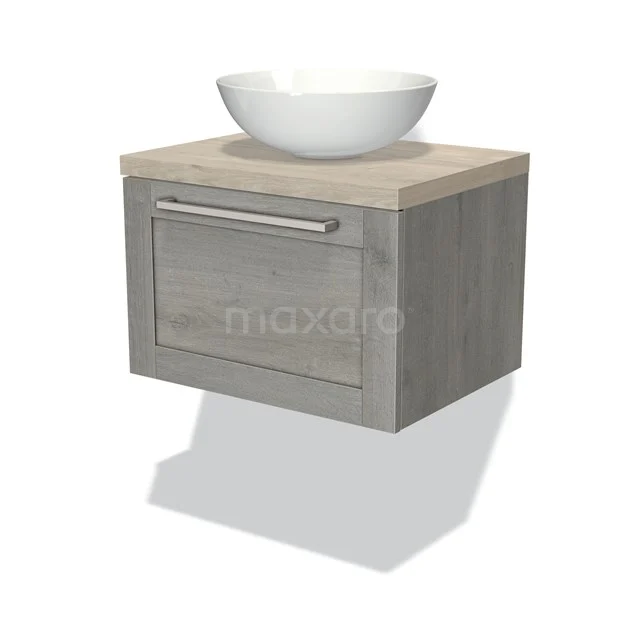 Wooden bathroom unit with a grey oak look, a white round countertop wash basin and metal Handle, ideal for modern bathrooms.