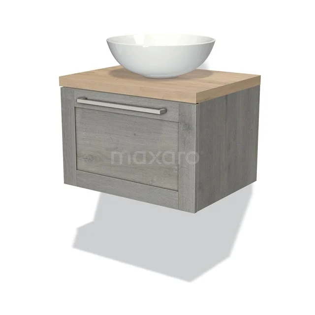 Hanging bathroom unit wood-look grey with white top bowl, contemporary design and practical for any modern bathroom.