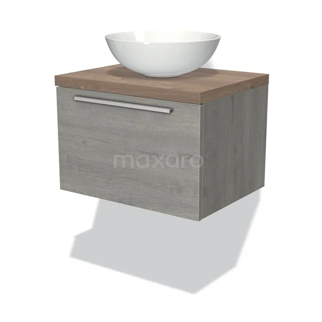 Badmöbel für Waschtischunterschrank mit Konsole 60cm Modulo Plato Grau Eiche 1 Schublade Flach Mittelbraune Eiche Platte BMK11-01603 Holz-Badmöbel mit grauem Schublade, Naturholz-Platte und weißem rundes Waschbecken; stilvoll und kompakt für moderne Bäder.