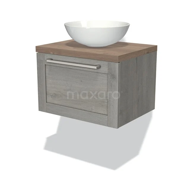 Grey wooden bathroom unit with drawers, wooden worktop and white bowl-shaped basin, modern and compact design.