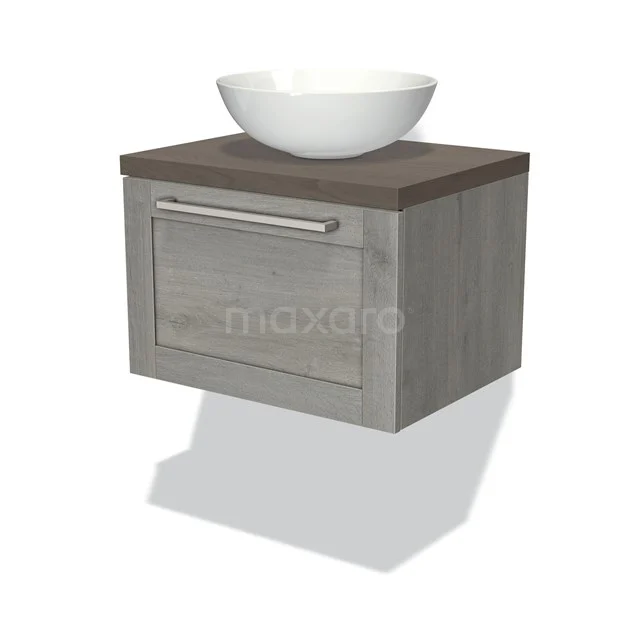 Grau Holz Badmöbel mit hängendem Design, dunkler Platte und weißer schalenförmiger Waschbecken, ideal für moderne Bäder.