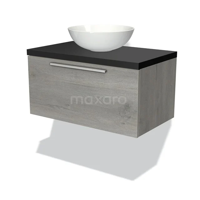 Badmöbel für Waschtischunterschrank mit Konsole 80cm Modulo Plato Graue Eiche 1 Schublade Flach Matt Schwarz Platte BMK11-01611 Holz Badezimmermöbel in Grauton, mit schwarzer Platte und weißem schalenförmigen Waschbecken; schlichtes, modernes Design.