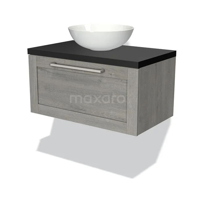 Grey wooden bathroom unit with black top and white ceramic countertop wash basin, wall-mounted and modern handle.