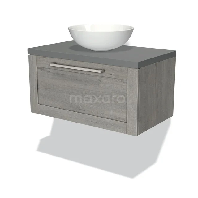 Wooden bathroom unit in grey tone with ceramic bowl, floating model with drawers and modern handle.