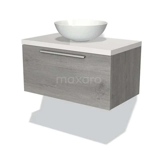 Badmöbel für Waschtischunterschrank mit Konsole 80cm Modulo Plato Graue Eiche 1 Schublade Flach Hochglanz Weiß Platte BMK11-01615 Grauer Holz-Badschrank mit modernem Waschtischplatte und weißer Schüssel, ideal für stilvolle und praktische Badezimmergestaltung.