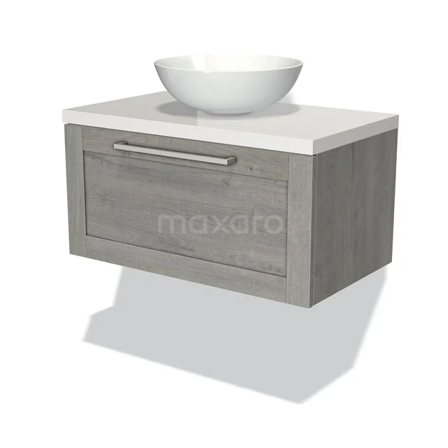 Wooden Bathroom unit with grey wall unit, white basin bowl and chrome handle, modern design for attractive bathrooms.