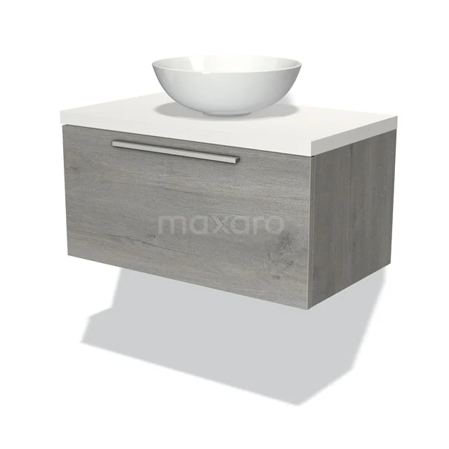 Holz Badmöbel mit Schublade, keramisches Waschbecken und grauer Holzoptik, modernes Design für das Badezimmer.