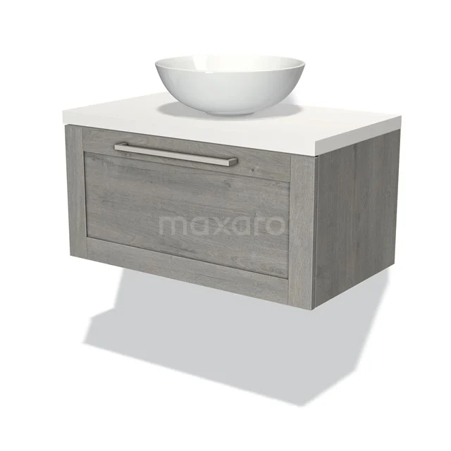 Hängendes Badezimmermöbel graue Eiche mit weißem keramischen Aufsatzwaschbecken, modernes Design und Schublade.