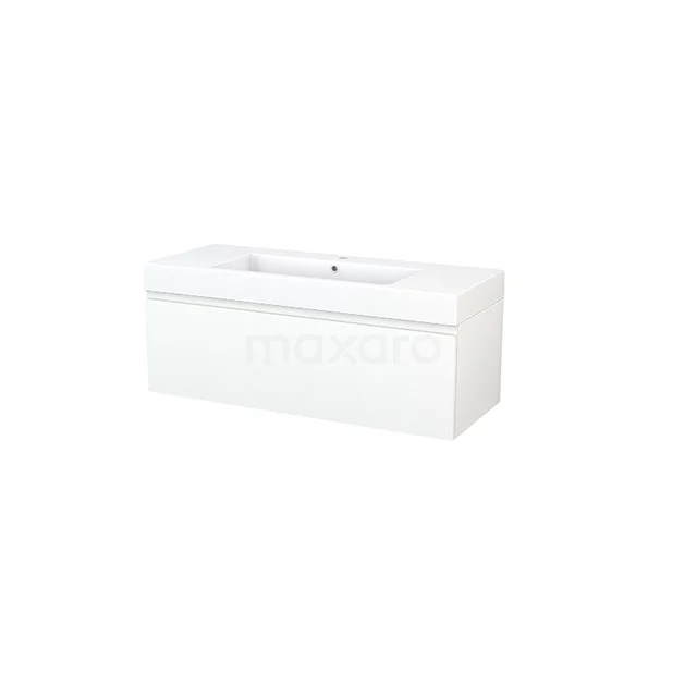 Modulo+ Vanity units with basin | 120 cm Matte white Handle-less front Mineral marble 1 drawer BMP002112 White ceramic bathroom unit with sleek design, double basin and integrated storage space, ideal for modern bathrooms.