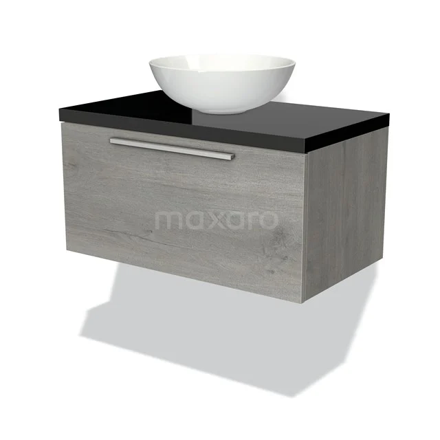 Waschtischunterschrank mit Konsole 80cm Modulo Plato Graue Eiche 1 Schublade Flach Hochglanz Schwarz Platte BMK11-01621 Grau Holz Badmöbel mit Schwarz Platte und weißen Aufsatzwaschbecken, modernes Design mit chromfarbenem Griff.