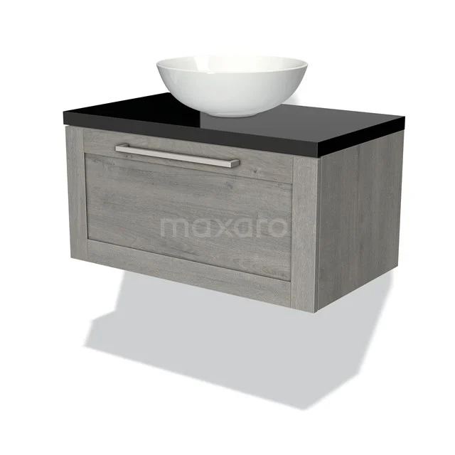 Grey wooden bathroom unit with black top and white round vanity units for countertop wash basin, perfect for a modern bathroom style.