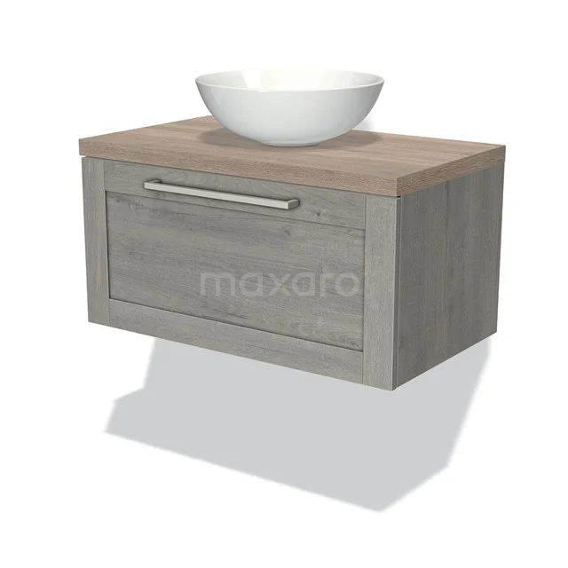 Wooden wall-mounted bathroom unit with drawers, grey tones, metal handle and round white countertop wash basin on top.