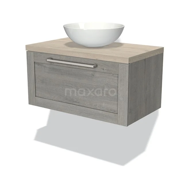 Wooden bathroom unit with grey finish, drawers, metal handle and white countertop wash basin, perfect for a modern bathroom style.