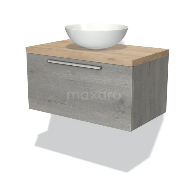 Grauer Holz-Badschrank mit beiger Platte, weißem Waschbecken und metallischem Haltegriff; modernes schwebendes Design.