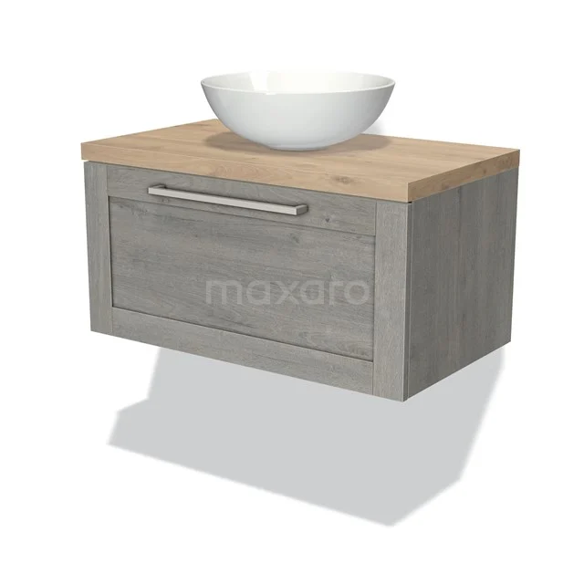 Wooden bathroom unit with grey drawers, oak finish and white ceramic countertop wash basin, ideal for modern bathroom design.
