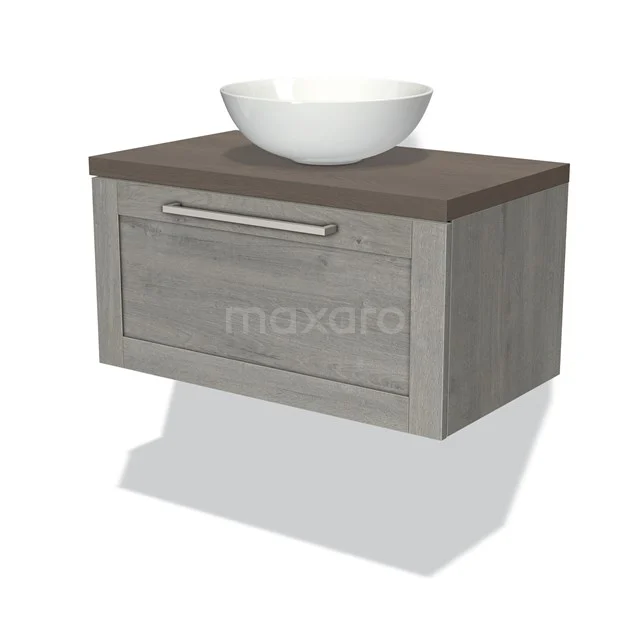 Wooden bathroom unit grey with drawers, dark wood worktop and white top washbasin, modern floating design.