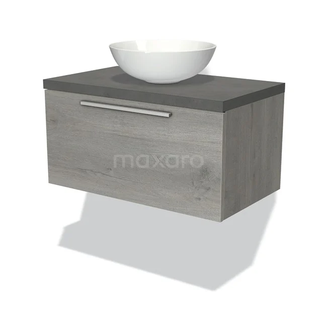 Badmöbel für Waschtischunterschrank mit Konsole 80cm Modulo Plato Graue Eiche 1 Schublade Flach Dunkelgrauer Beton Platte BMK11-01635 Graues Holz Badmöbel mit Waschbecken, schlankes Design, Wandmontage, modern für eine stilvolle Badezimmer Einrichtung.