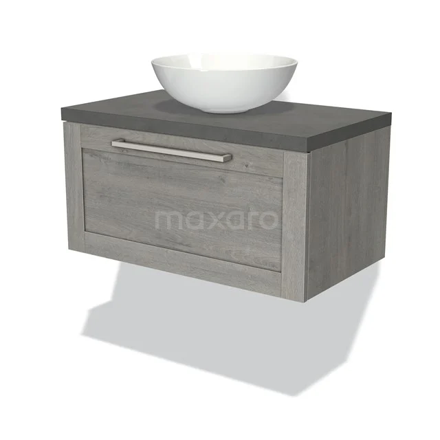 Badmöbel für Aufsatzwaschbecken 80cm Modulo Plato Graue Eiche 1 Schubladenrahmen Dunkelgrauer Beton Platte BMK11-01636 Holz Badezimmermöbel, Grau mit einem weißen Aufbaubecken, Wandmontage, moderne Ausstrahlung und praktischem Schublade.