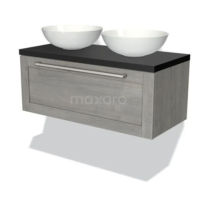 Graues Holz-Badmöbel mit schwarzer Platte und zwei weißen runden Waschbecken, perfekt für moderne Bäder.