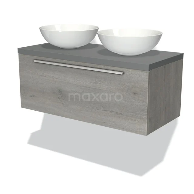 Graues Holz-Badmöbel mit zwei weißen Waschbecken, modernes Design, ausgestattet mit einem metallenen Haltegriff.