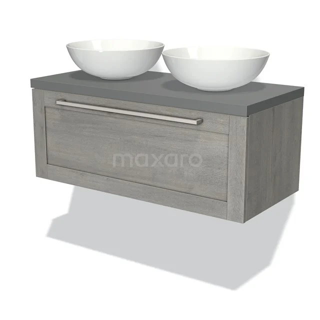 Badmöbel für Aufsatzwaschbecken 100cm Modulo Plato Grau Eiche 1 Schubladenrahmen Mittelgrau Platte BMK11-01640 Graue Badmöbelset mit Holzoptik, schwebendes Modell, einschließlich zwei weißen Aufsatzwaschbecken und einem metallenen Haltegriff.