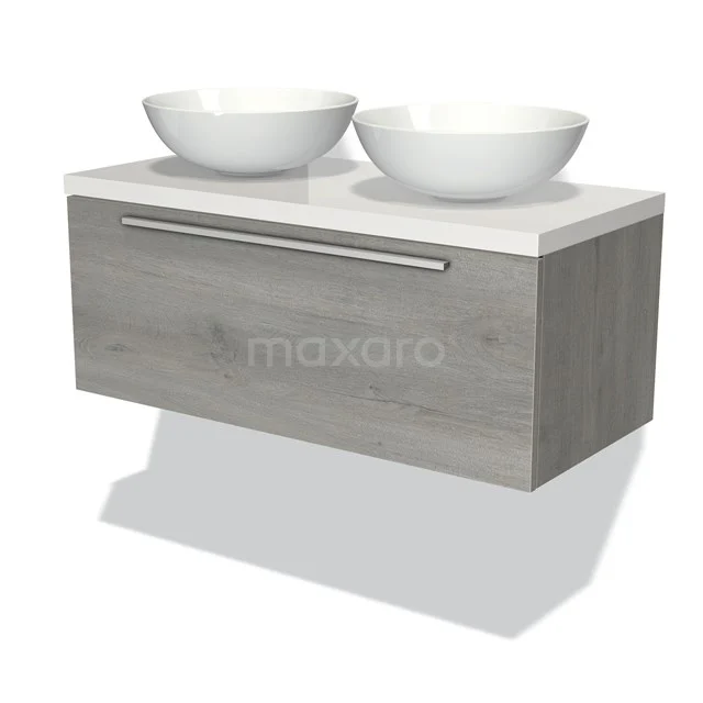 Holz-Badmöbel mit grauer Oberfläche, doppeltem Aufsatzwaschbecken und verchromtem Haltegriff; moderne Designanwendung für Bäder.