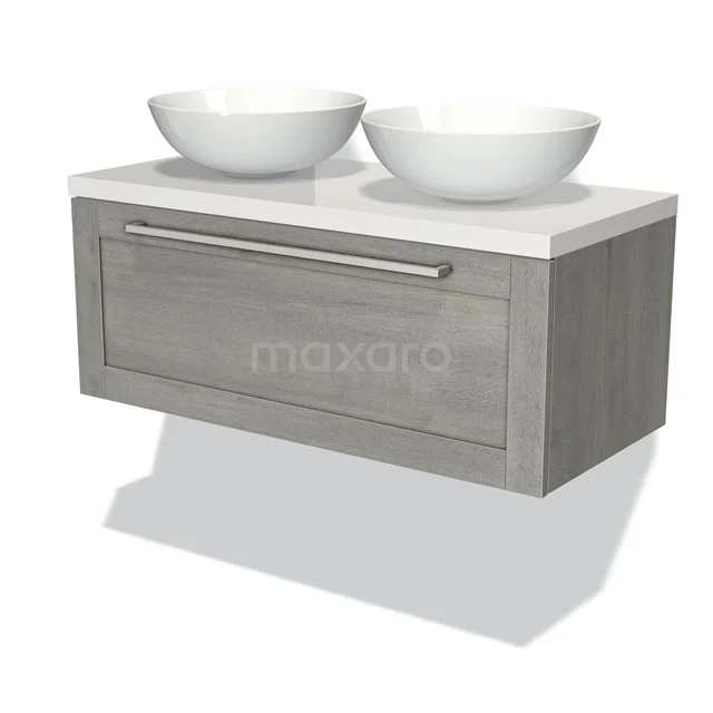 Graues wandhängendes Badezimmermöbel mit zwei weißen keramischen Aufsatzwaschbecken, Holzlook-Design und modernem Stil.