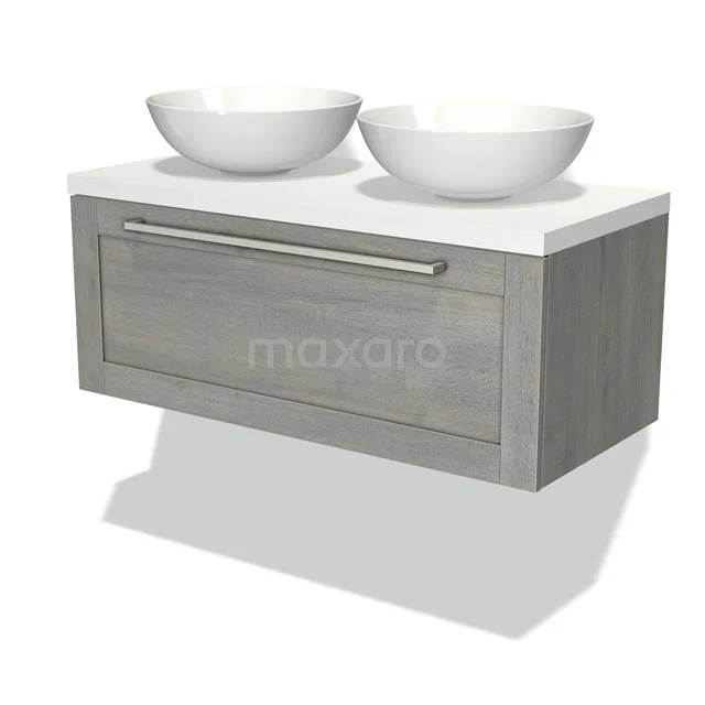 Badmöbel für Waschtischunterschrank mit Konsole 100cm Modulo Plato Graue Eiche 1 Schubladenrahmen Matt Weiß Platte BMK11-01644 Holz Badezimmermöbel mit graufinish, doppelte weiße Aufsatzwaschbecken, modernes Fach und metallischer Haltegriff.