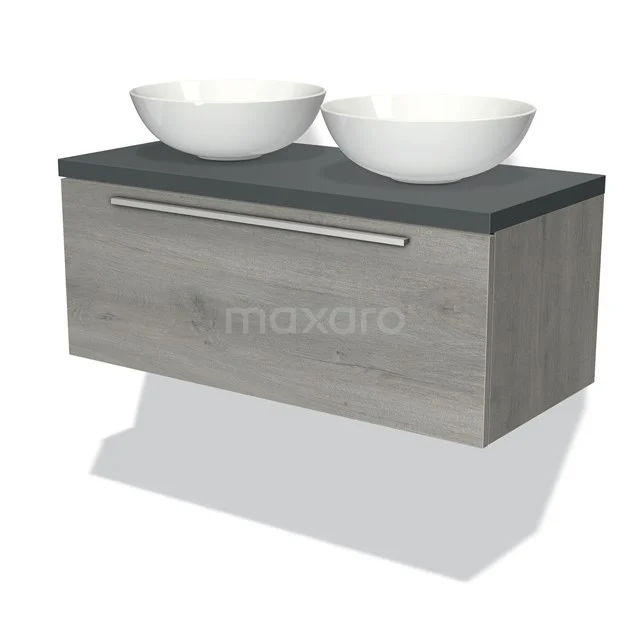 Hölzernes Badmöbel mit grauer Waschtischplatte und zwei weißen Aufsatzwaschbecken, modernes Design für ein stilvolles Badezimmer.