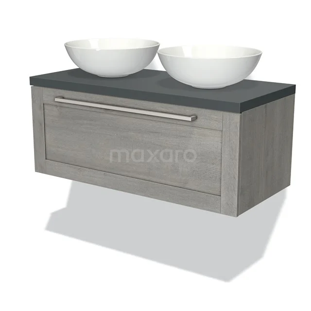 Grijze houten badkamermeubel met antraciet blad en dubbele witte waskommen, ideaal voor moderne badkamer inrichting.
