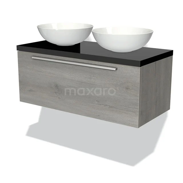Holz-Badmöbel mit grauer Holzoptik, schwarzer Oberfläche und zwei weißen Aufsatzwaschbecken. Modernes Design für stilvolle Bäder.